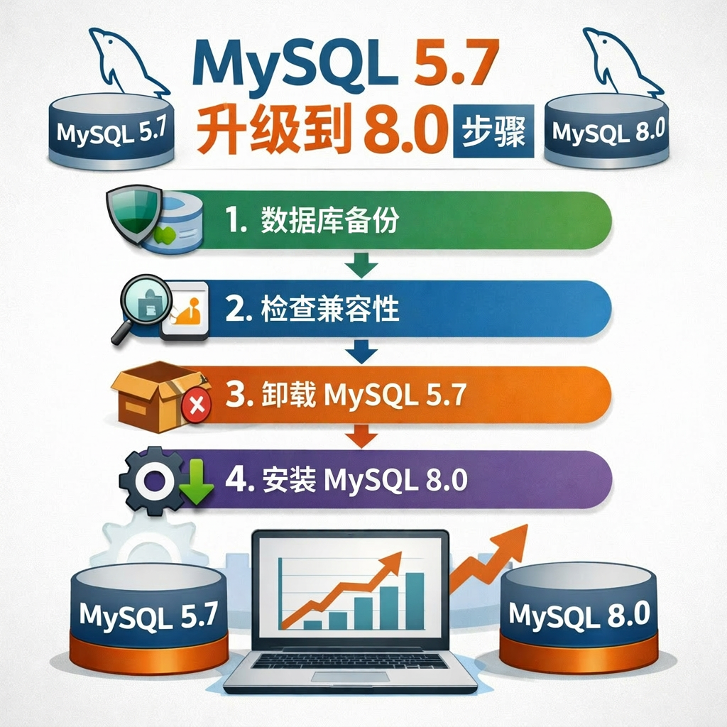 Four-step process diagram for upgrading MySQL 5.7 to MySQL 8.0