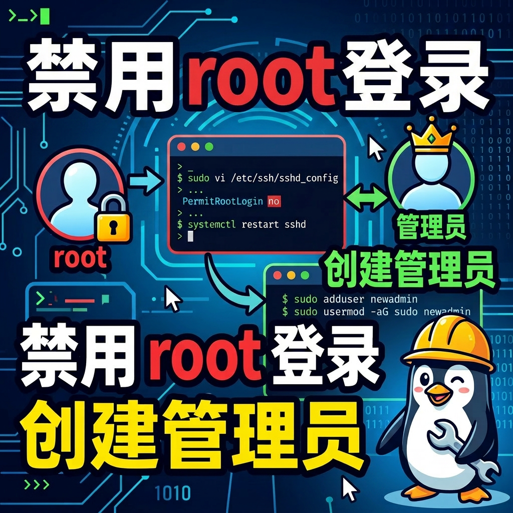 Linux commands disabling root SSH login and creating administrator user