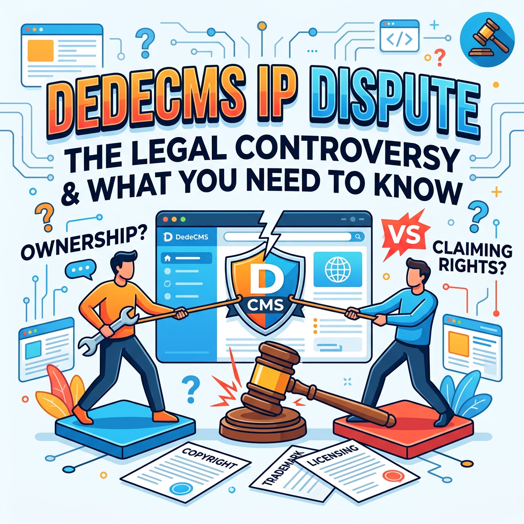 Two individuals pulling on a DedeCMS logo shield in a legal dispute over ownership and claiming rights, with documents labeled copyright, trademark, and licensing.